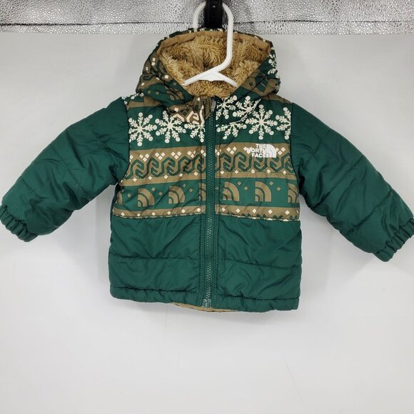 The North Face Reversible Green Puffer Fleece Fair Isle Zip Up Kids Jacket Coat - Picture 1 of 7